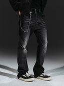 「BLACK THORN」 Washed Grey Deconstructed Spiral Boot-Cut Jeans