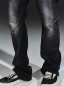 「BLACK THORN」 Washed Grey Deconstructed Spiral Boot-Cut Jeans