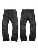 「CURVED BLADE」 Creased Waxed Spiral Curved-Leg Jeans