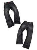 「BLACK THORN」 Washed Grey Deconstructed Spiral Boot-Cut Jeans