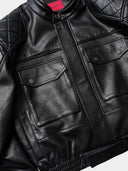 「MERCY」Cropped PU Biker Jacket with Diamond Shoulder Panels