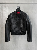 「MERCY」Cropped PU Biker Jacket with Diamond Shoulder Panels