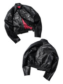 「MERCY」Cropped PU Biker Jacket with Diamond Shoulder Panels